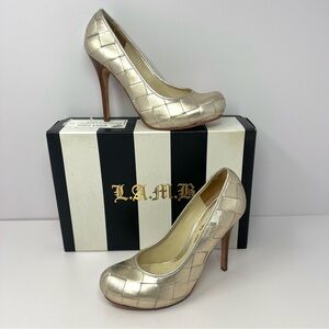 Vintage L.A.M.B Womens DALY II High Heel Pumps Sz 6.5 Gold Leaf Gwen Stefani EUC